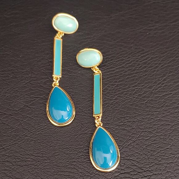 Trina Turk Long Dangle Earrings Gold Plated Shades of Blue Green - Picture 2 of 5